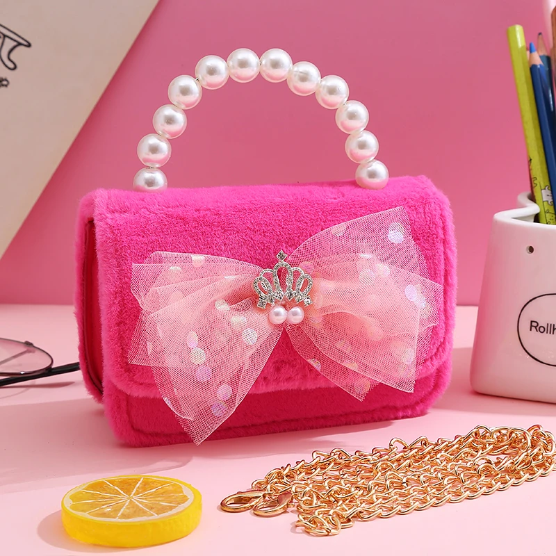 2023 New Kids Plush Purses and Handbags Cute Lace Bowknot Little Girls Princess Messenger Bag Baby Coin Pouch Toddler Purse