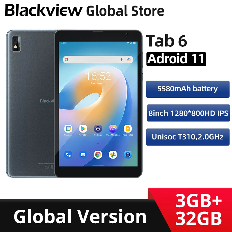 

Планшет Blackview Tab 6, 5580 мАч, 8 дюймов, 3 ГБ, 32 ГБ, Android 11, 4G, Wi-Fi, LTE
