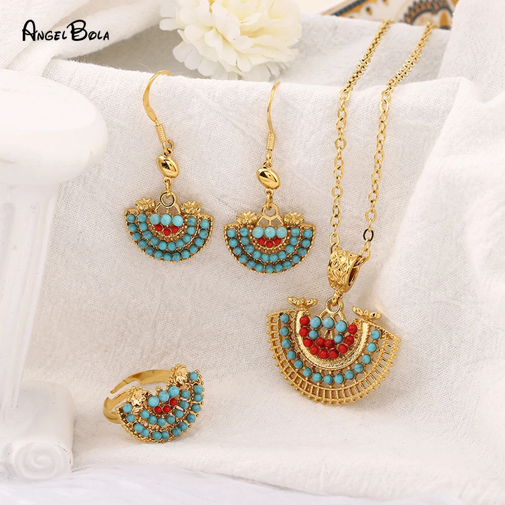 

Ethnic Bohemian Natural Stone Jewelry Sets for Women Fashion Boho 18K Gold Rings Earrings Necklace Islam Muslim Sets Wholesale