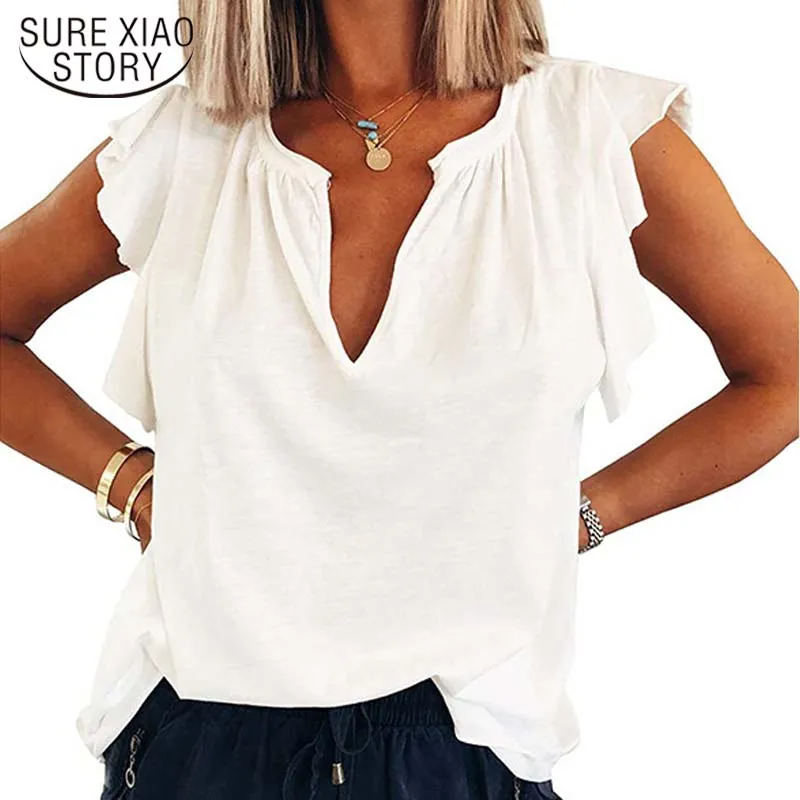 

Women Tops Fashion V-neck Cotton Shirt 2022 New Summer Short Sleeve Blouse Casual Loose Solid Simple Clothes Blusa Mujer 19862