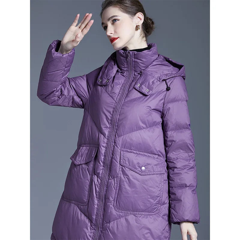 Women's Winter 2022 down jacket Women's loose hooded medium length thick white eiderdown bread jacket