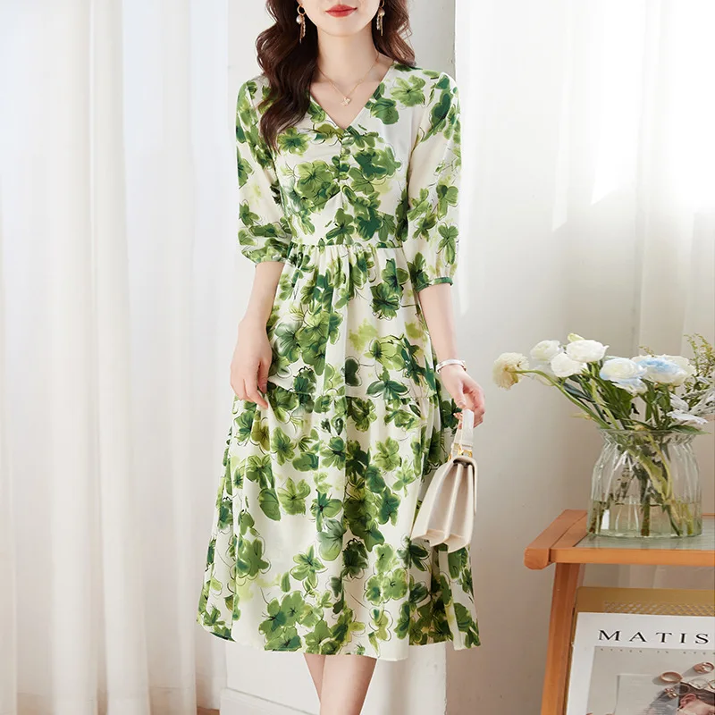 

Женское платье с принтом, летнее приталенное ТРАПЕЦИЕВИДНОЕ платье с поясом, французская нежная зеленая юбка с цветочным принтом, новинка 2023