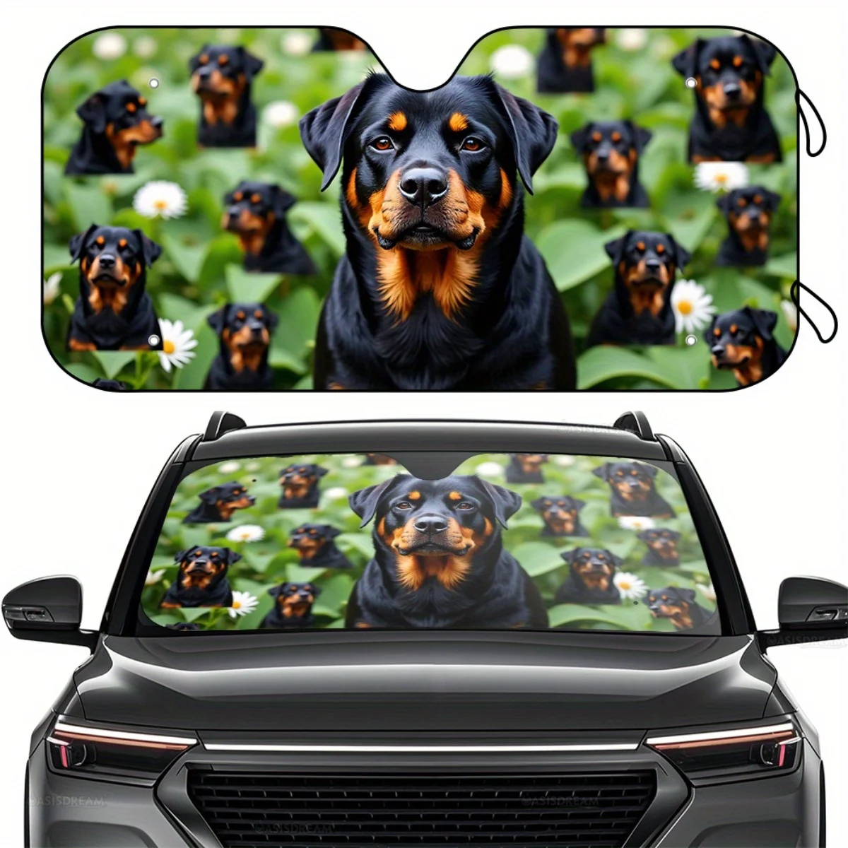 Фото 1 шт. автомобильный солнцезащитный козырек WILDLAVIE Rottweiler и цветочный принт — чехол на лобовое стекло 57 x 27,5 дюймов с 4 бесплатными присосками, прочная защита от ультрафиолета №1