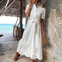women dress hollow out embroidery summer single breasted lace up maxi dress beachwear