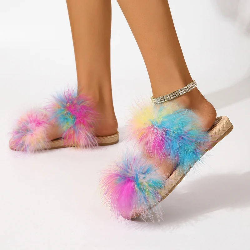 Summer Vacation Shoes Woman Tie Dye Pink Feather Slippers Ladies Fashion Bright Color Beach Pool Slide Sandals Plus Size 36-43