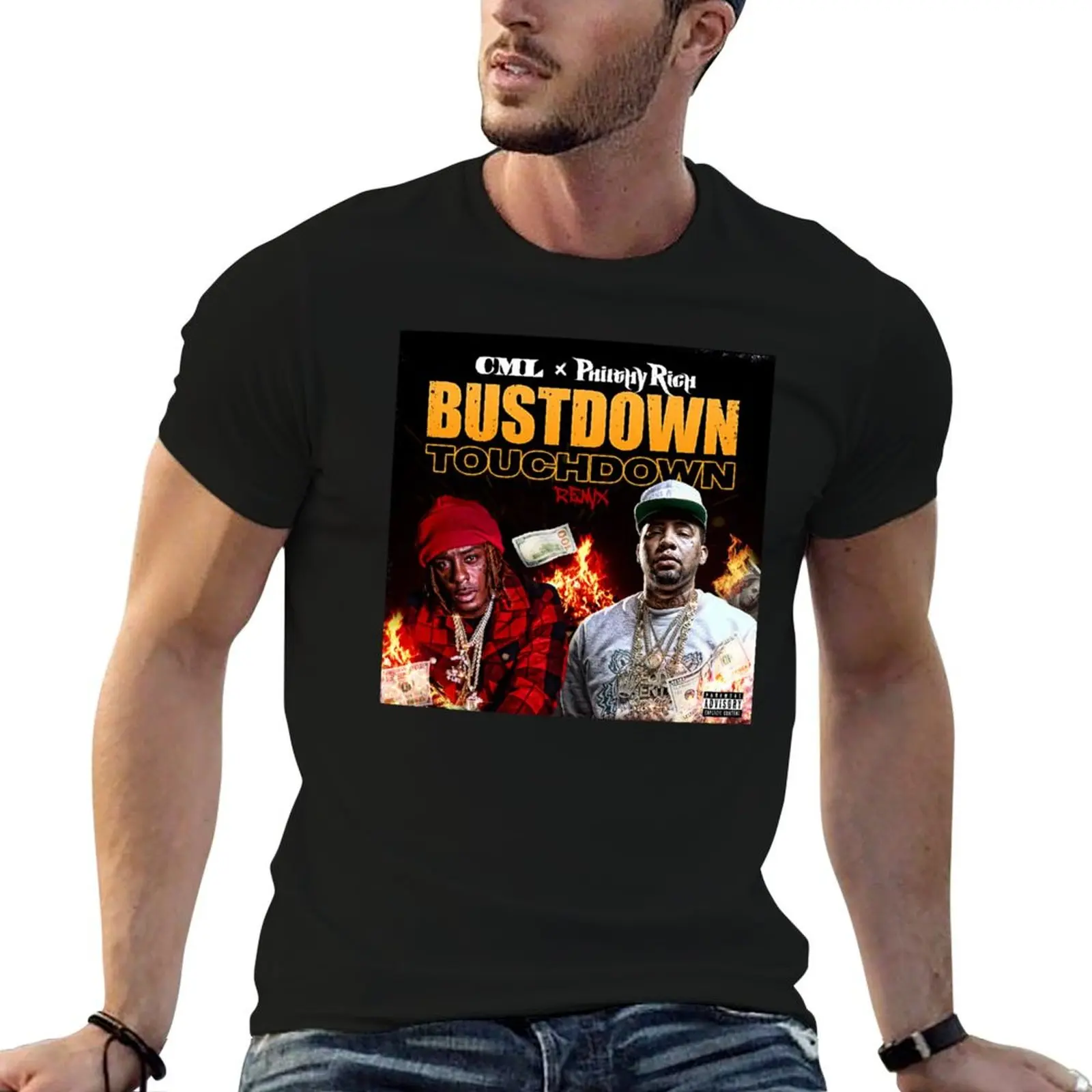 Фото Футболка CML ''BUSTDOWN TOUCHDOWN'' (ремикс) ft. PHILTHY RICH MERCS, черная хлопковая футболка, однотонная, для мужчин, в упаковке. №1
