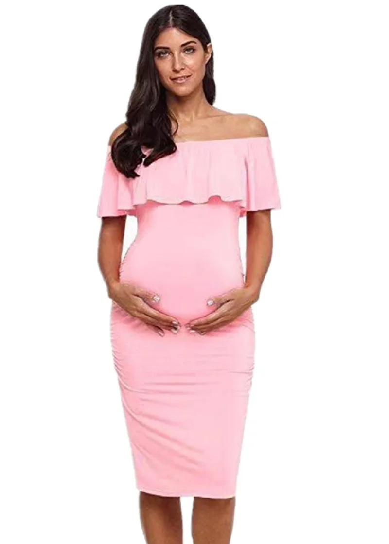 Women's Ruffle Off Shoulder Maternity Dress Casual Solid Color Shoulderless Clothes Sexy Ruched Sides Knee-Length Pregnant Dress
