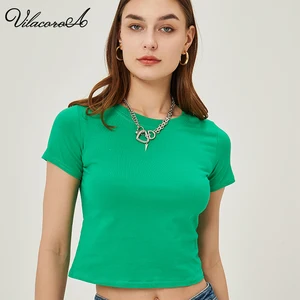 Vilacoroa Crop Top 95% Cotton T-Shirt Top Women Casual Green Clothes Summer Short Sleeve Baisc Tshir in India