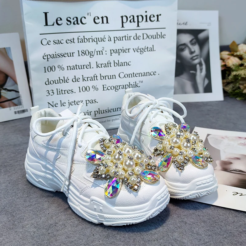 Womens Mesh Sport Shoe Beads Rhinestones Sneakers White Lace Up Platform Shoes Lady DIY White Lolita Sweet