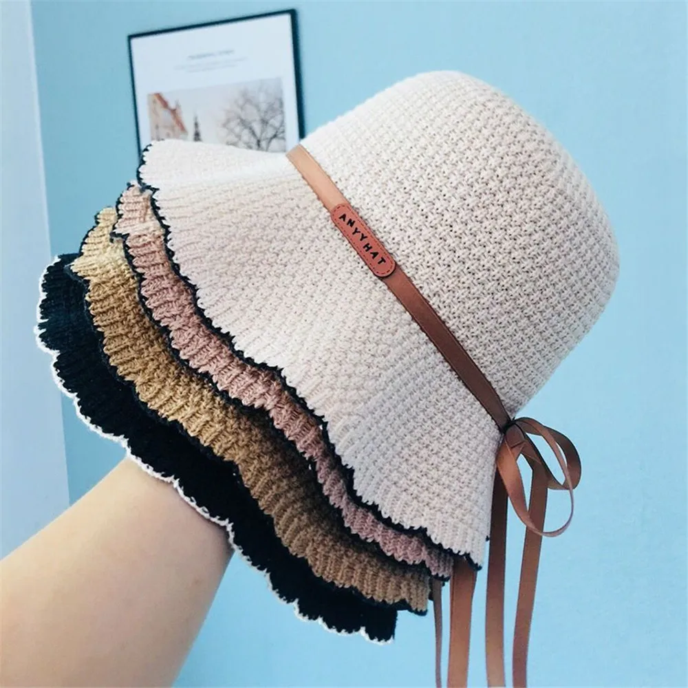

Korean Fashion Wide Brim Floppy Bucket Hat Fisherman Cap for Women Lady Summer Sweet Beach Wave Straw Panama Hat Anti UV Sun Hat