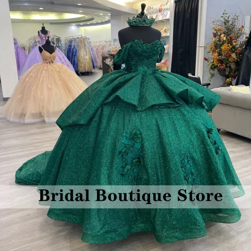 

Блестящее зеленое платье принцессы 2024, бальное платье с открытыми плечами и бусинами, милое платье с цветочной аппликацией 16, платья для девушек 15