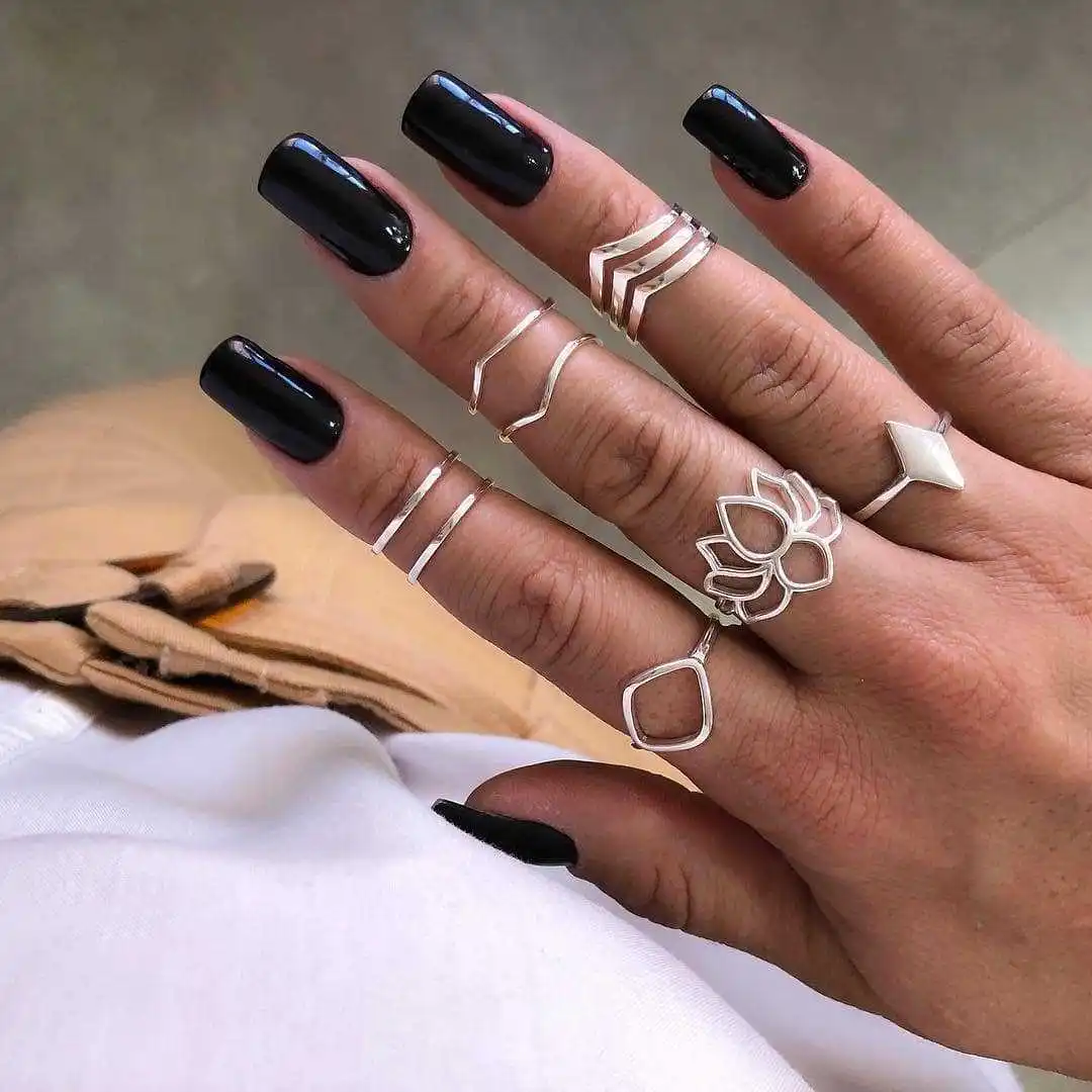 

New European and American bohemian fashion fashion lotus geometric diamond female ring silver eight-piece suit