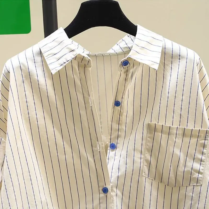 Новинка весны 2024 женская рубашка с вышивкой в полоску придающая