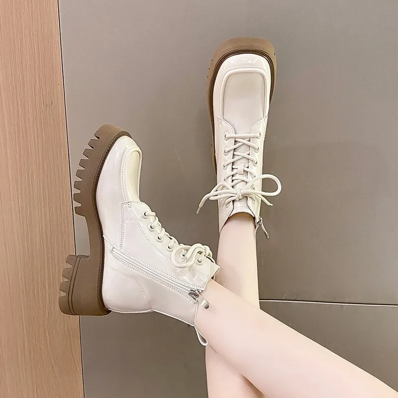 

Thick Soled Square Head Fashion Boots for Women In The Autumn Winter of 2023 New Thick Heel Lace Up Leather Skinny Bare Boots A