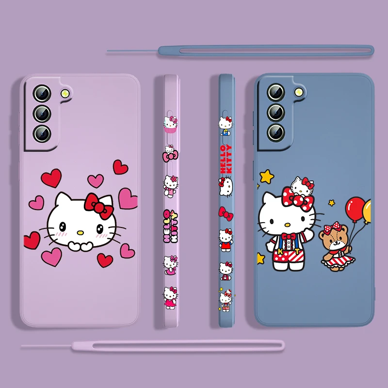 

HelloKitty Anime Cartoon Cute For Samsung Galaxy S22 S21 S20 S10 Note 20 10 Ultra Plus Pro FE Lite Liquid Left Rope Phone Case
