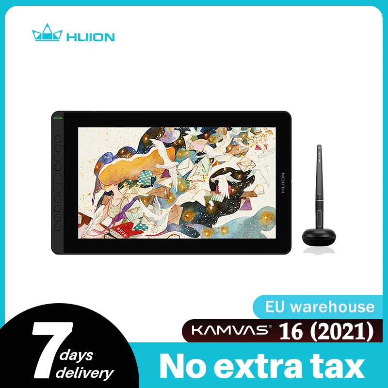 Хуион Камвас 16 (2021) 15,6-дюймовый графический планшет-монитор с аккумуляторной цифровой ручкой для Win/MAC и Android, 120% RGB активен.
