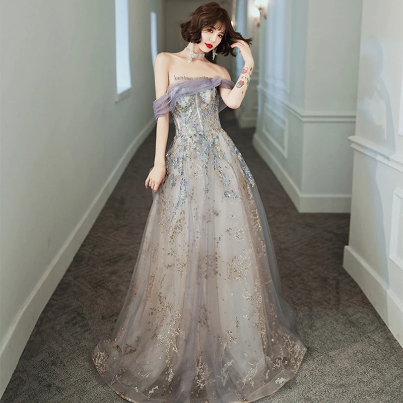 

New Silver Summer Gray Sexy Strap Banquet Mesh Dresses Luxurious V Neck Long Dress Birthday Party Dancing Temperament Dress Lady