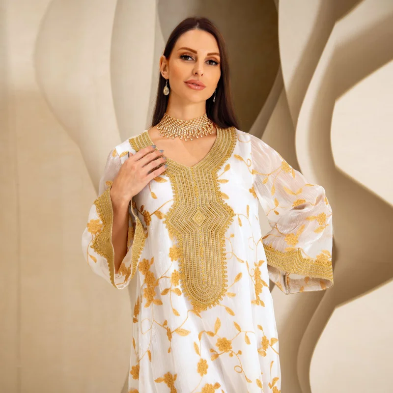 2023 Middle East Dubai Muslim Gown Dress Gauze Skirt Embroidered Gold Lace Gown Loose Gorgeous Evening Dress