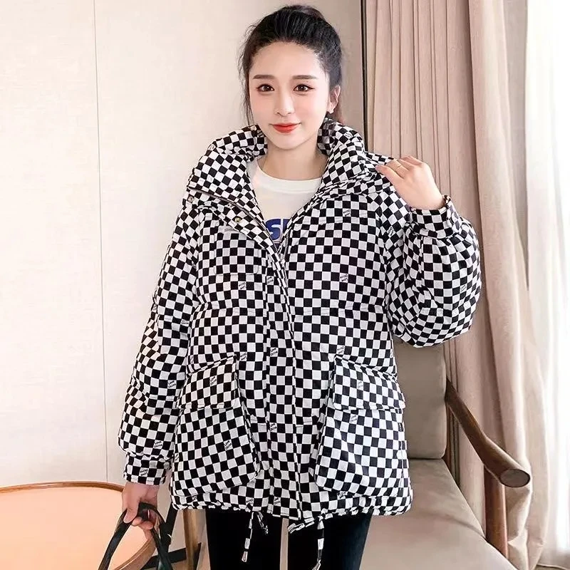 Parkas Women 2022 Winter New Fashion Slim All-match Checkerboard Padded Coat Female Hooded Loose Short Thick Down Cotton Jacket