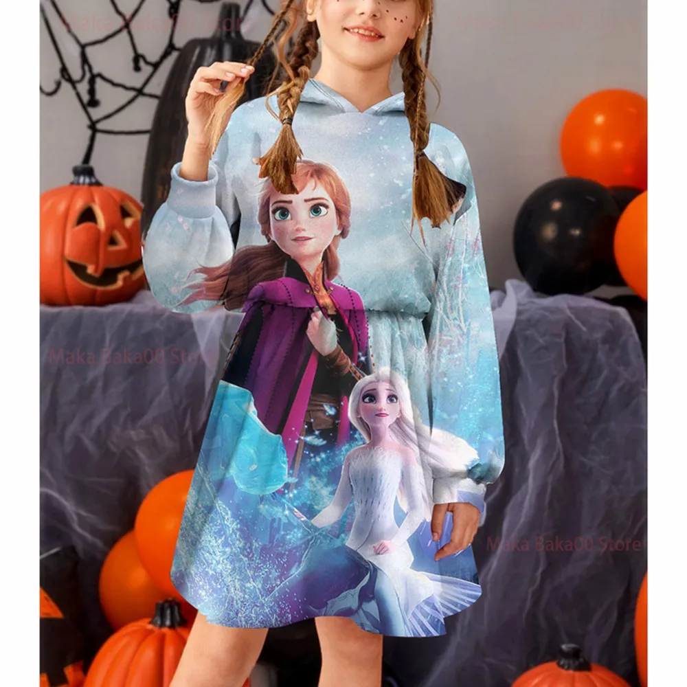 

New printed children's clothing hooded sweater dress autumn and winter cartoon sports Disney Frozen girls princess dress