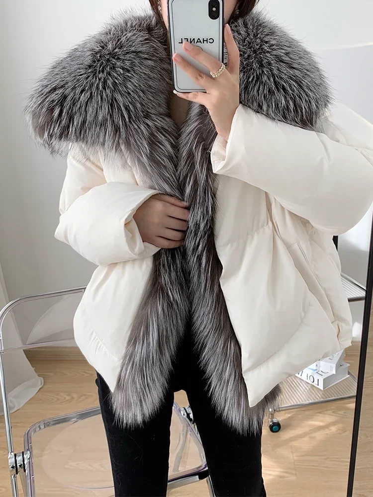 

2023 Winter Jacket Women Real Fur Coat White Goose Down Jacket Women Oversized Fox Fur Collar Big Fur Thick Warm New