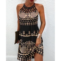summer women clothing vacation beach wear vintage mini dresses tribal print hollow out sleeveless casual straight dress