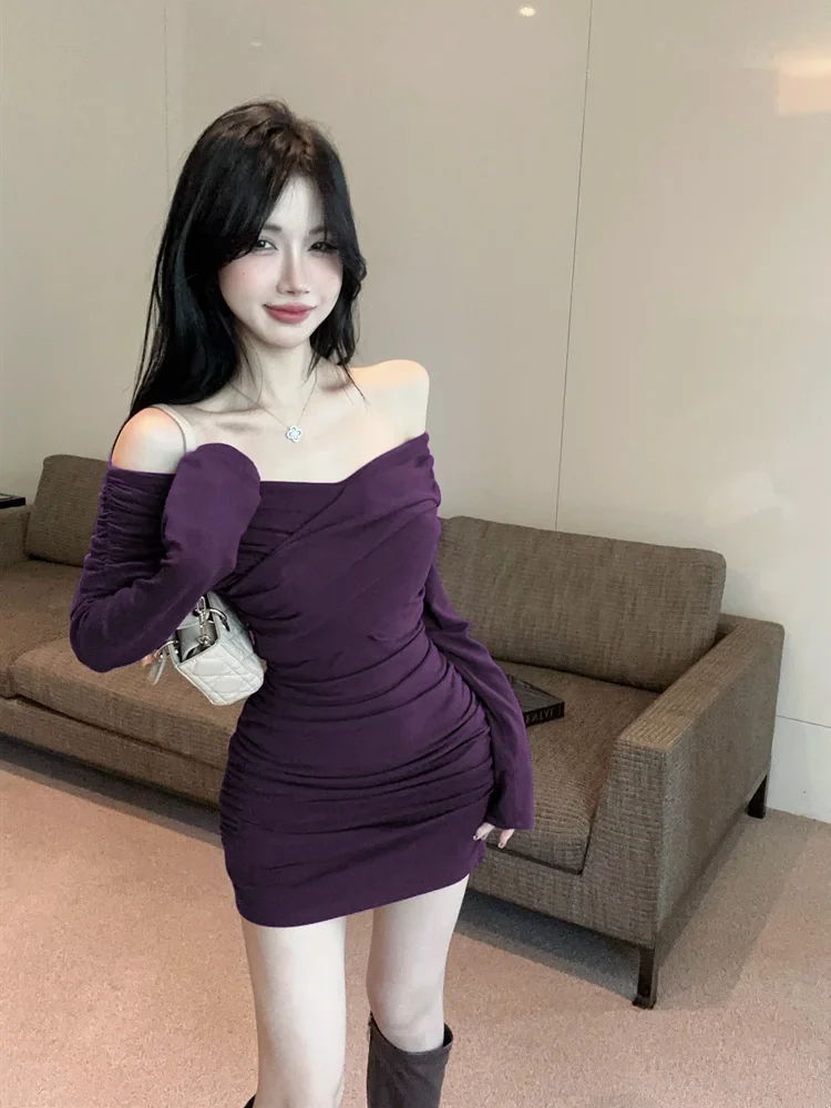 Фиолетовое платье с открытыми плечами женское осенне-зимнее Royal Sister сексуальное