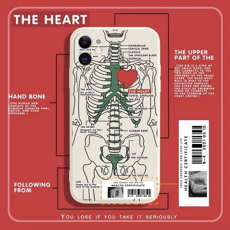 

Heart Skeleton Phone Case for IPhone 13 Pro Max 11 12 XS Max XR 7 8 Plus Creative Shockproof Soft Silicone Couple Phone Case