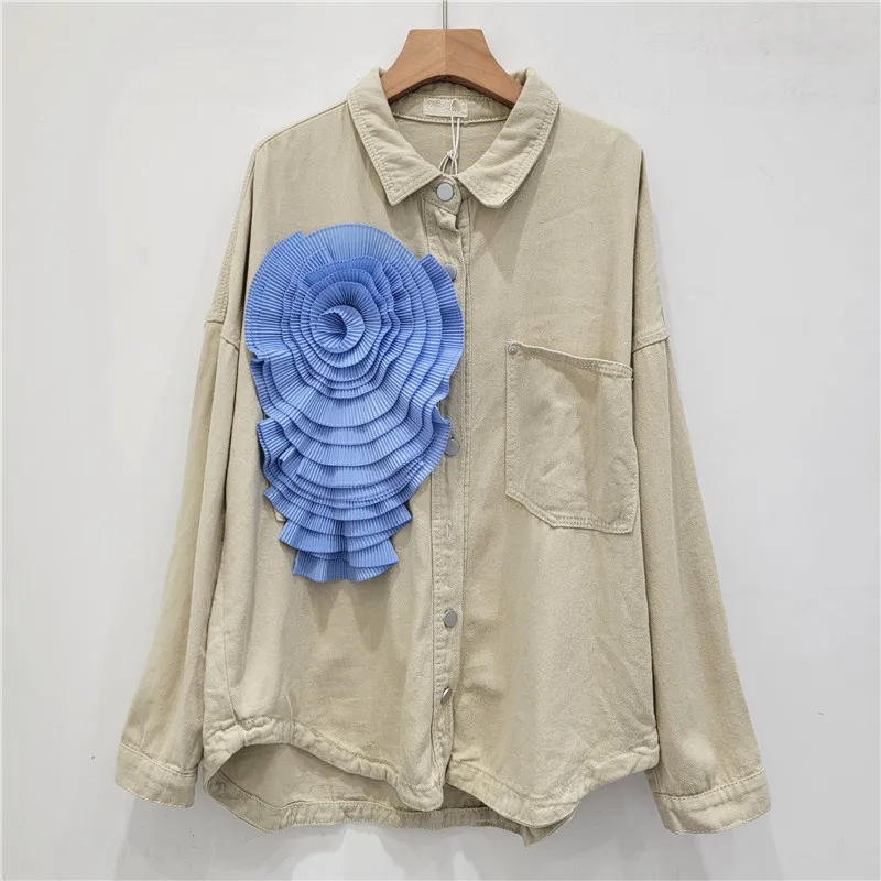 Женская джинсовая рубашка с длинным рукавом объемная плиссированная цветочным