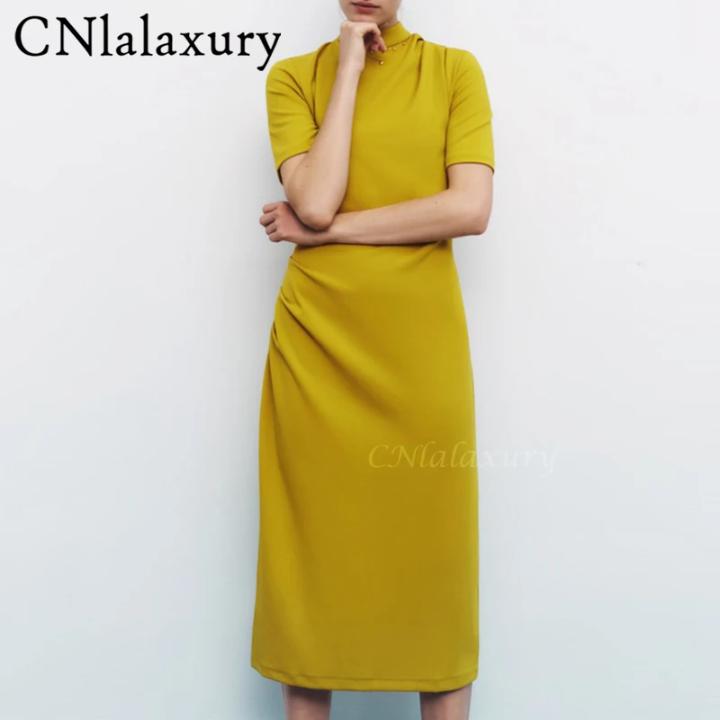 

CNlalaxury 2022 Summer Bodycon Green Party Dress Women Short Sleeve Elegant Sexy Solid Fold Slim Waist Long Dresses Female Robe