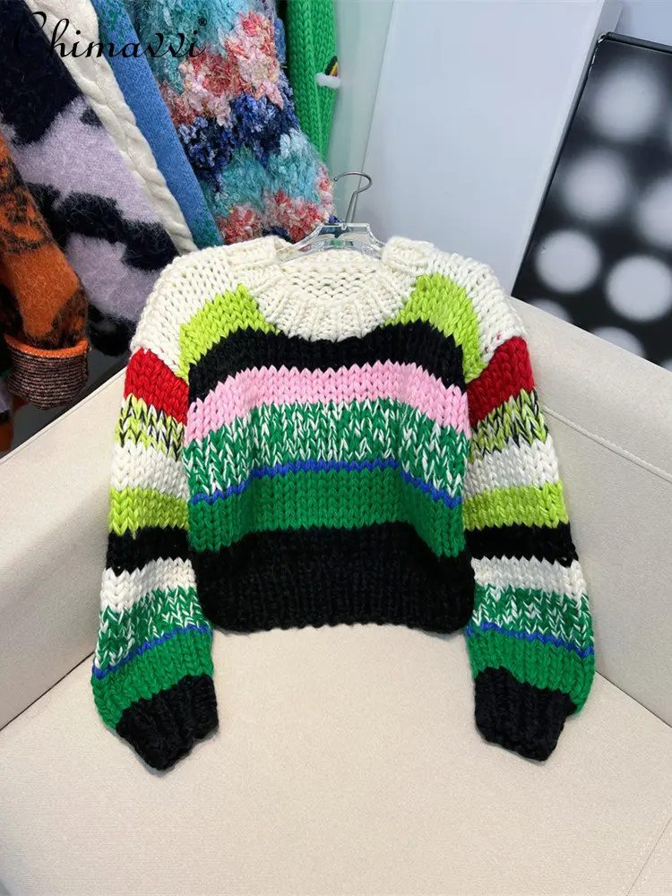 Women's Heavy Colorful Striped Sweater 2022 Autumn and Winter Korean Laid-Back Figure Flattering Pullover Loose Knit Top