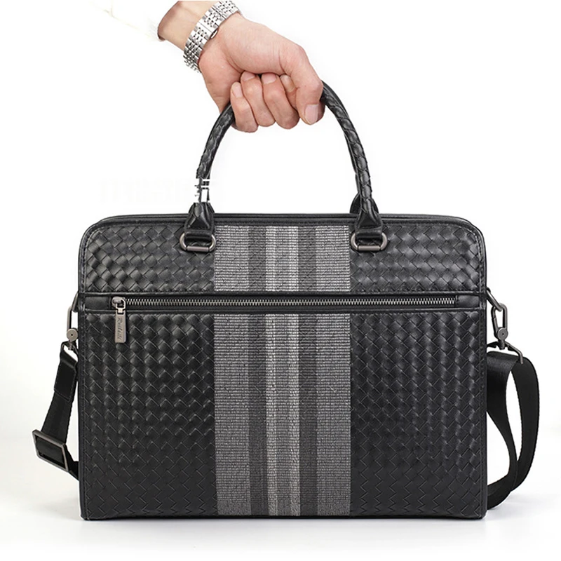 New Luxury Weave Cow Genuine Leather Business Men's Briefcase Male Shoulder Bag Men Messenger Laptop Computer Designer Bag 2022