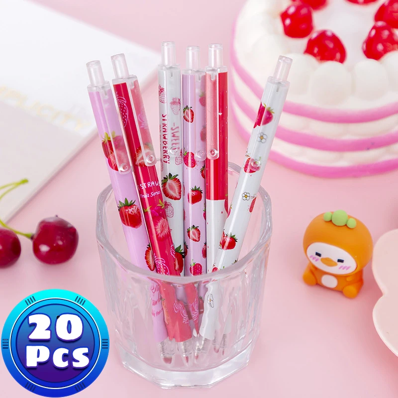 20Pcs/Lot Korean Cute Sweet Strawberry Retractable Gel Pen 0.5mm Black Ink Writing Stationery Office Student Christmas Gift