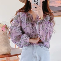 loose women blouse long sleeve v neck chiffon ladies blouse korean fashion spring sweet purple pullover flower print shirt 2022