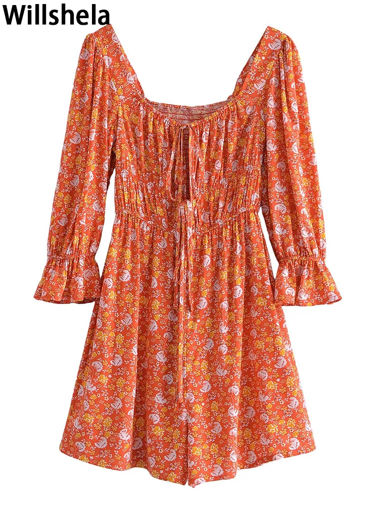 

Willshela Women Fashion Printed Elastic Waist Short Playsuits Vintage Square Collar Long Flare Sleeves Female Chic Lady Rompers