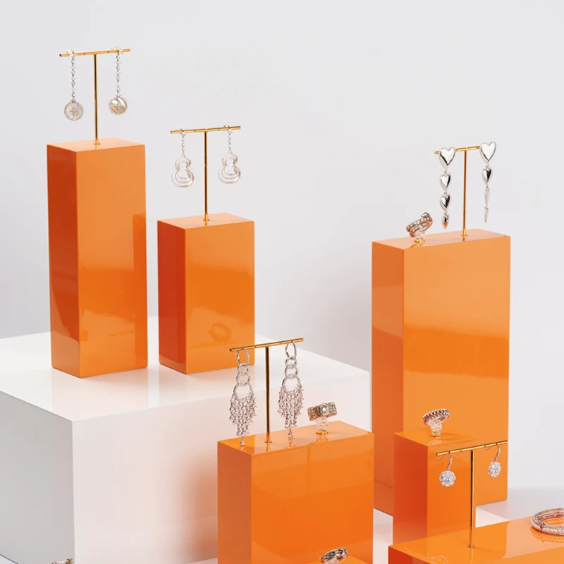 Oirlv Minimalism Orange Gloss Lacquered Solid Wood Ring Bracelet Square Holder Earring Pendant Jewelry Organizer Display Set
