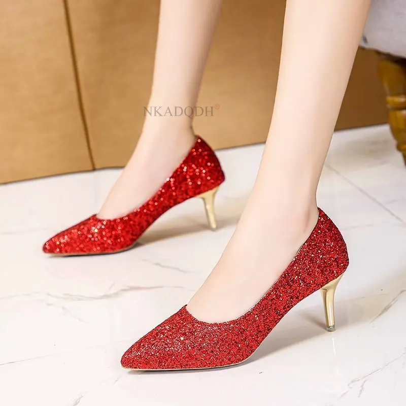 

Bling Bling Silver Gold Party Shoes Sexy Thin High Heels Shoes Women Ladies Big Size 43 Glitter Pumps Small Size Woman Female