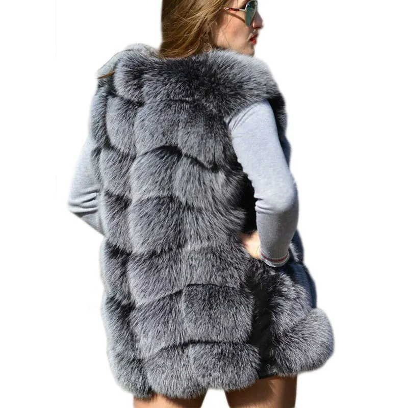 Winter Real Sliver Fox Sleeveless Fur Vest Women Fashion Solid Medium Long Artifical Fox Fur Vests Girls Warm Fake Fox Fur Coats