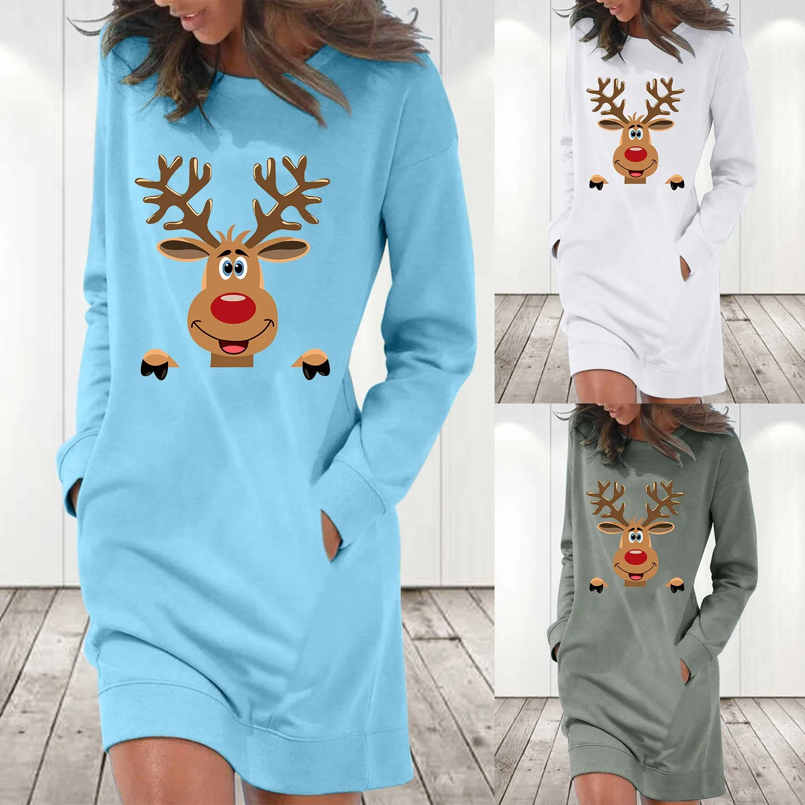 

2023 Elegant Dress Women Fashion Loose Long Sleeve Pocket Christmas Print Long Pullover Sweatshirt Skirt vestido navidad mujer