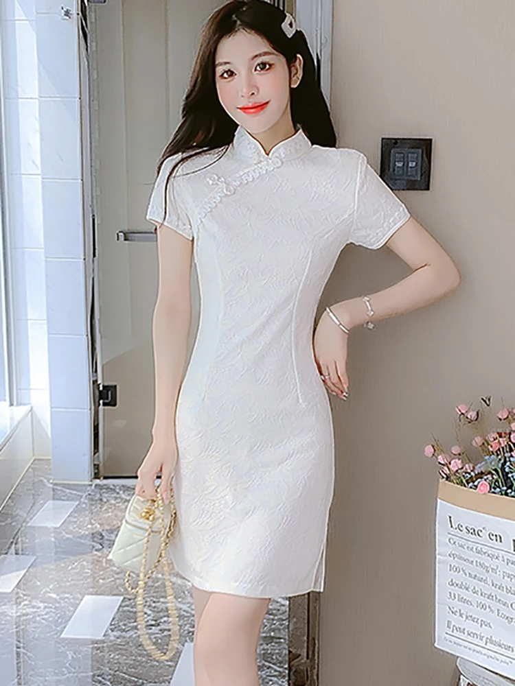 

2023 White Lace Jacquard Short Sleeve Mini Dress Summer Elegant Bodycon Luxury Prom Clothes Women Korean Fashion Casual Dresses