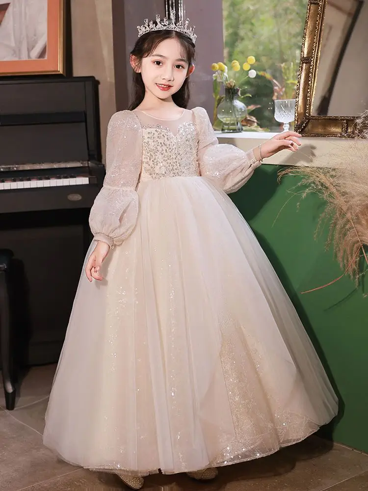 

Girls Glittering Dress 2023 New Flower Girl Wedding Children's Long-sleeved Princess Dress Kids Piano Show Dress