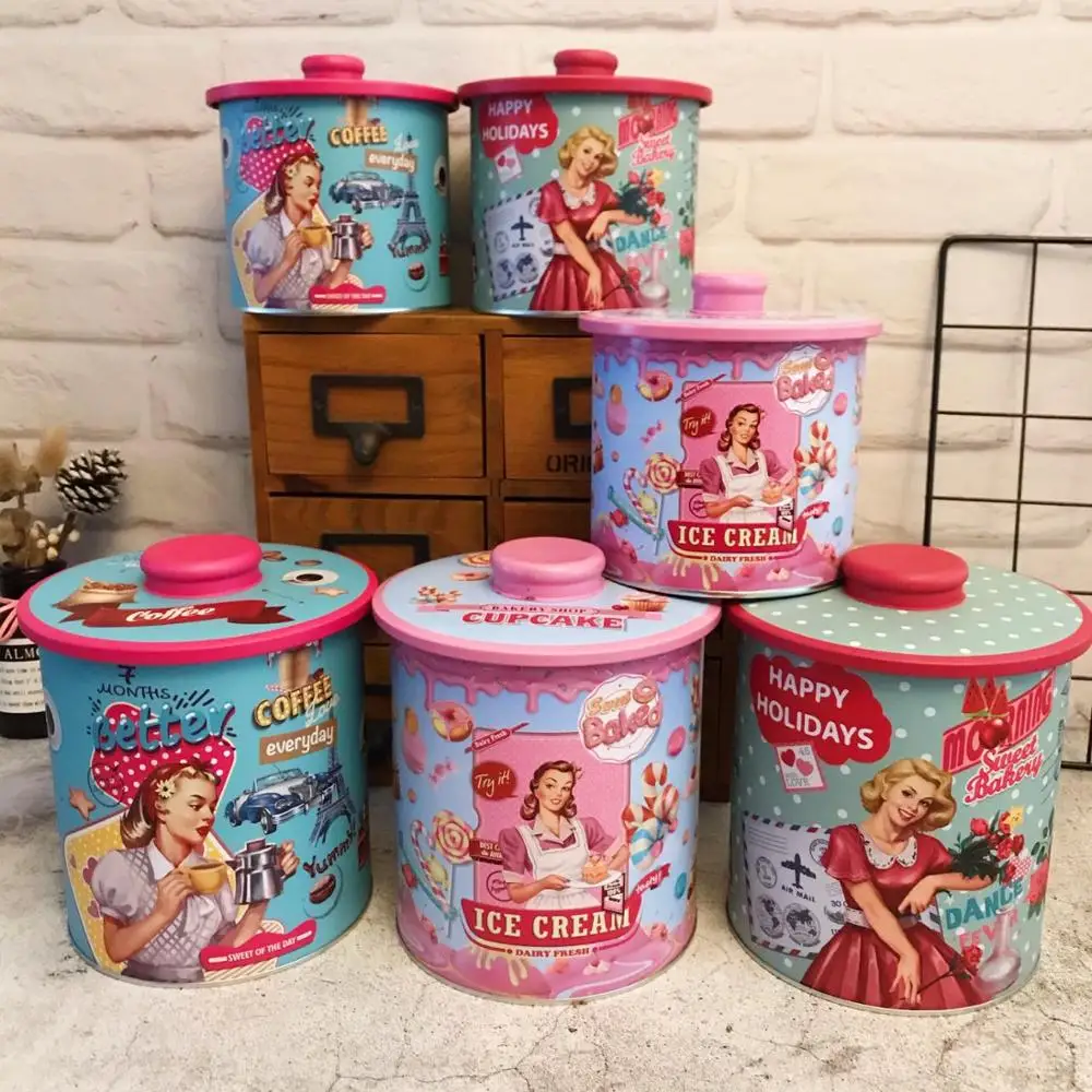 

2Pcs/Set Vintage American Styles Pretty Girl Desktop Snack Dried Fruit Candy Storage Box Sealed Tanks Home Organizer Container