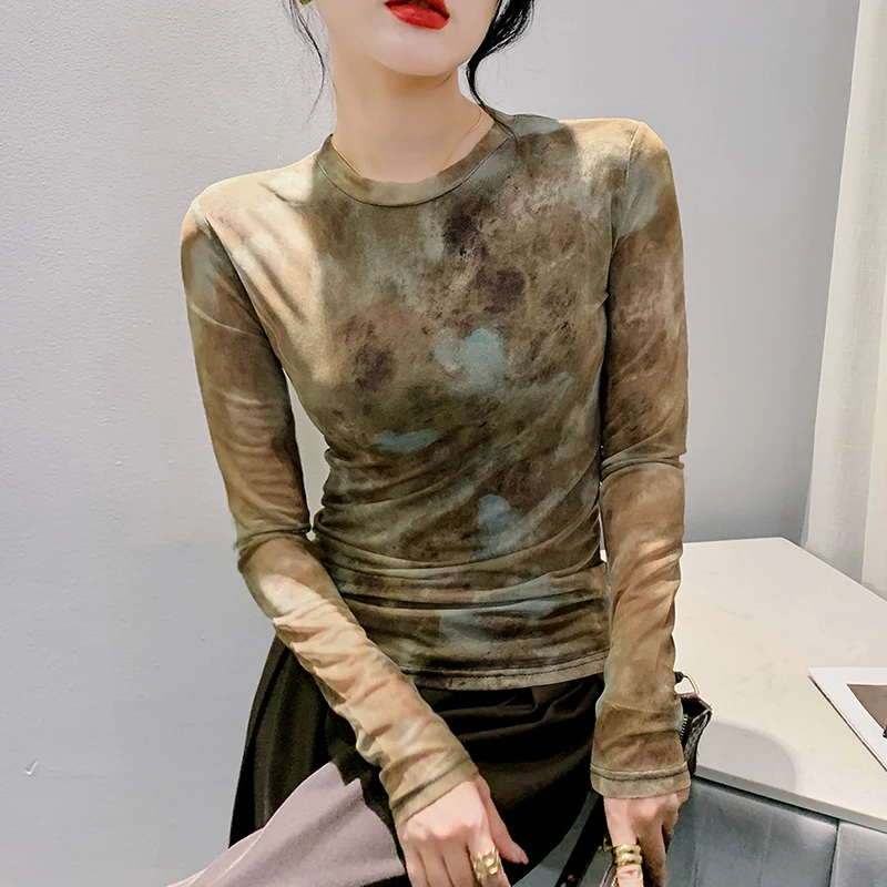 #8636 весенне-осенняя Сетчатая футболка с принтом Женская винтажная облегающая