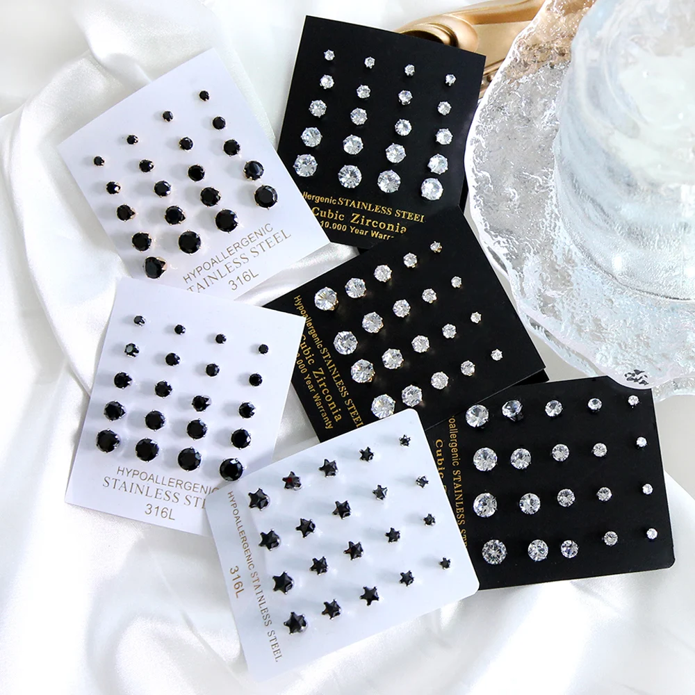 

10 Pairs Stainless Steel Earings Sets for Women Black Color Star Earrings Korean Style Bulk Zirconia Ear Piercing Wholesale