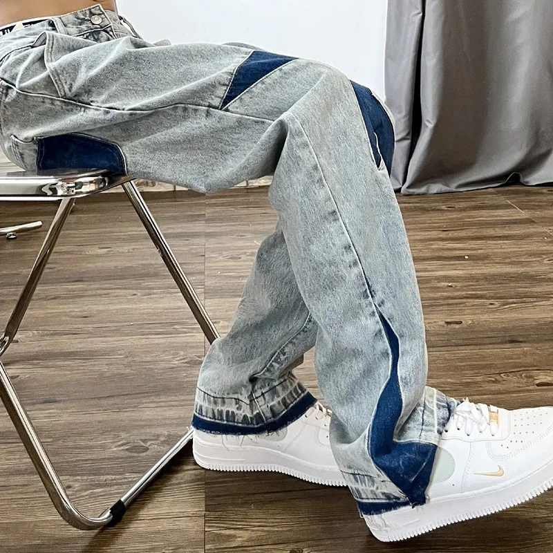 Jeans High Street Washed Old Jeans Men American Fashion Brand Five Points Star Stitching Loose Straight Couple Hip Hop Pants