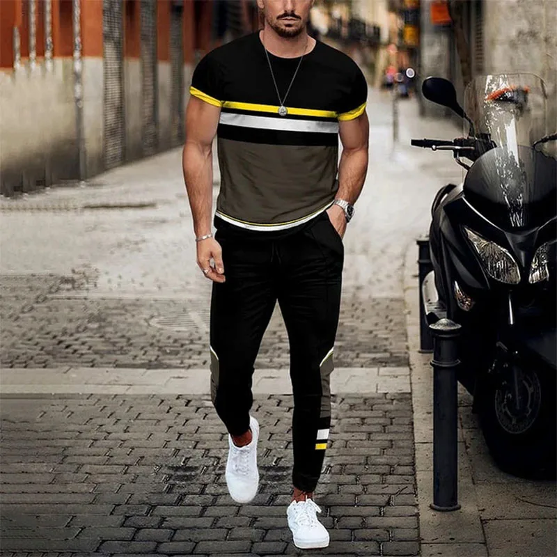 2023 Summer Men's Striped Sportswear Fashion Short Sleeve T-shirt Trousers Street Wear 2-piece Men's Suit Casual Suit Sportswear
