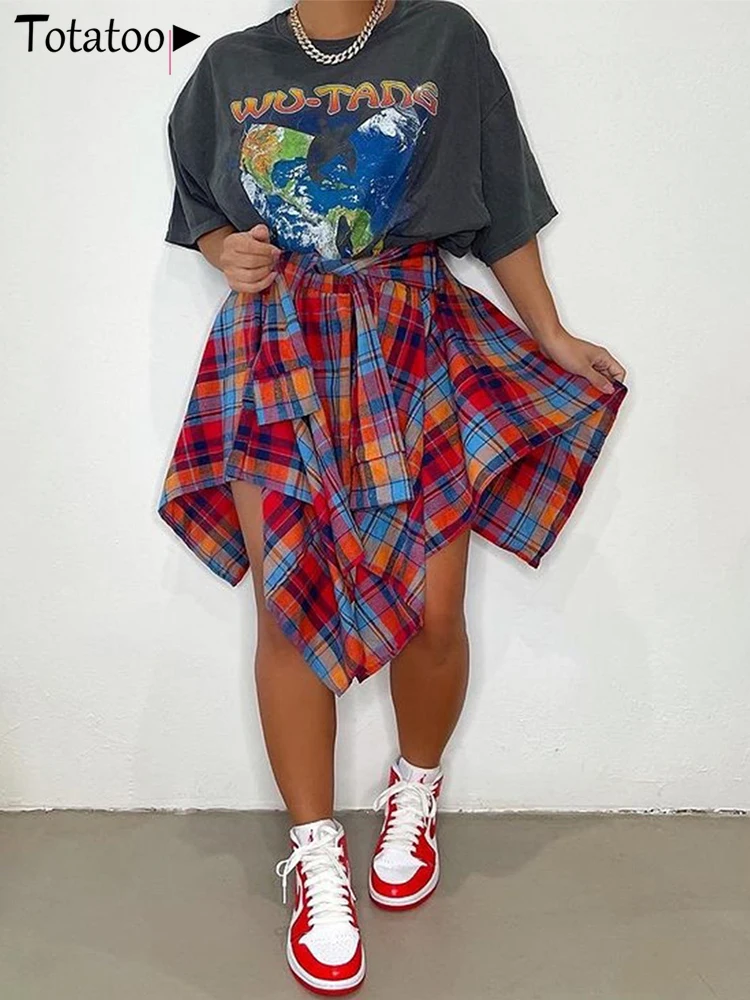 

Женская Асимметричная юбка в клетку Totatoop, красная Повседневная Свободная юбка средней длины с высокой талией, уличная одежда, лето 2022