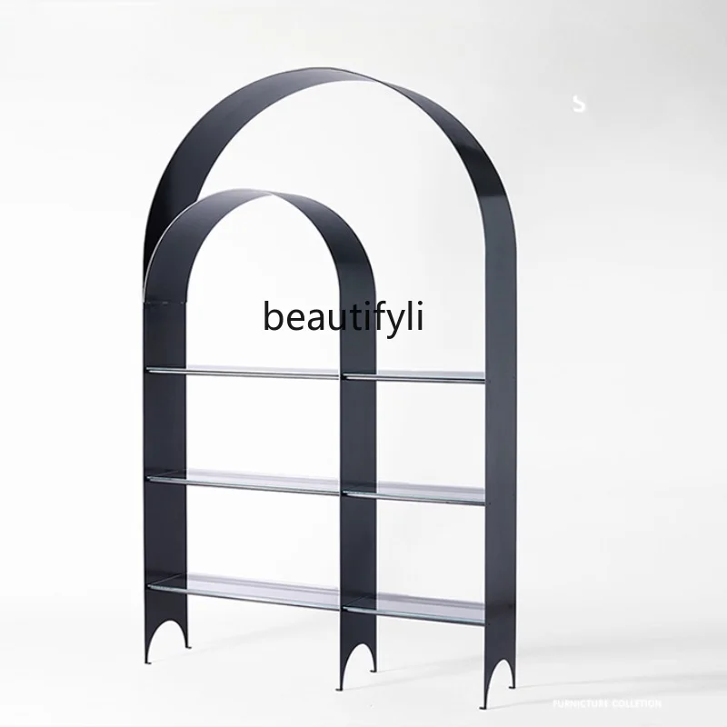 

Modern Minimalist Arch Bookshelf Industrial Style Metal Glass Multi-Layer Display Rack Display Cabinet Hotel