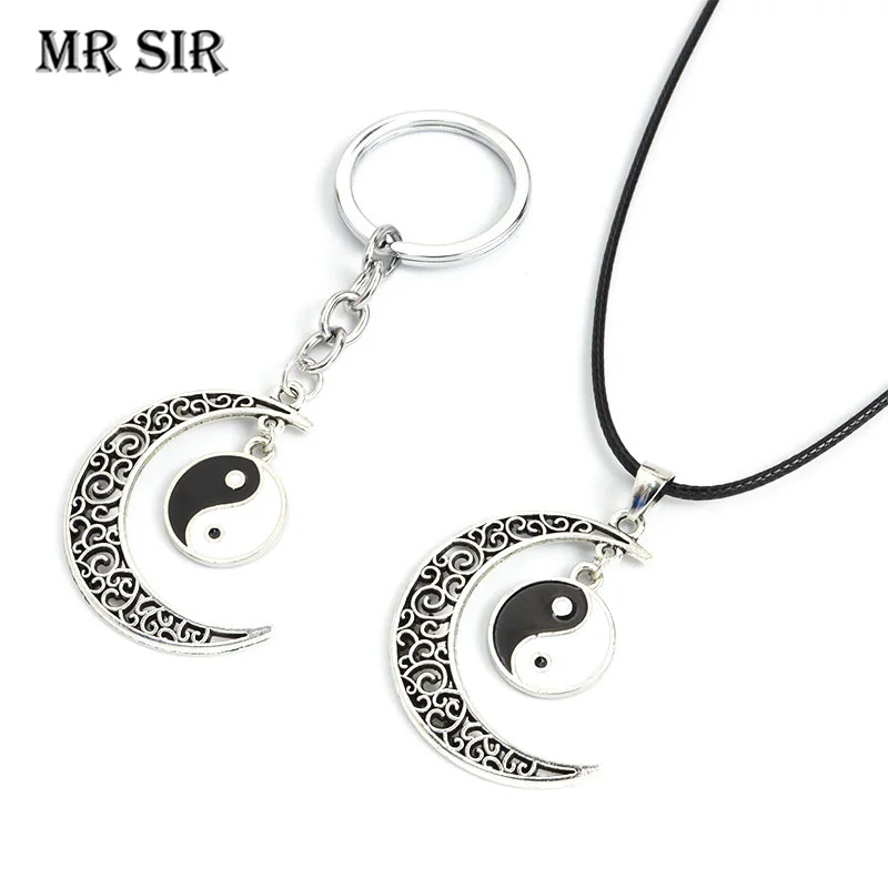 

Black White Yin Yang Enamel Moon Pendant Keychains Necklaces Tai Chi Bagua Keyring Jewelry for Women Men Gifts Trending Products
