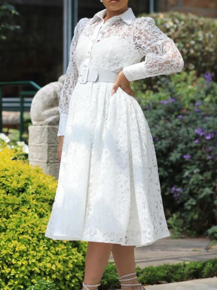 

Women White Lace Dress Long Sleeves See Through Turn Down Collar Elegant Pleated Buttom Up Modest Midi Robes Classy Large Size